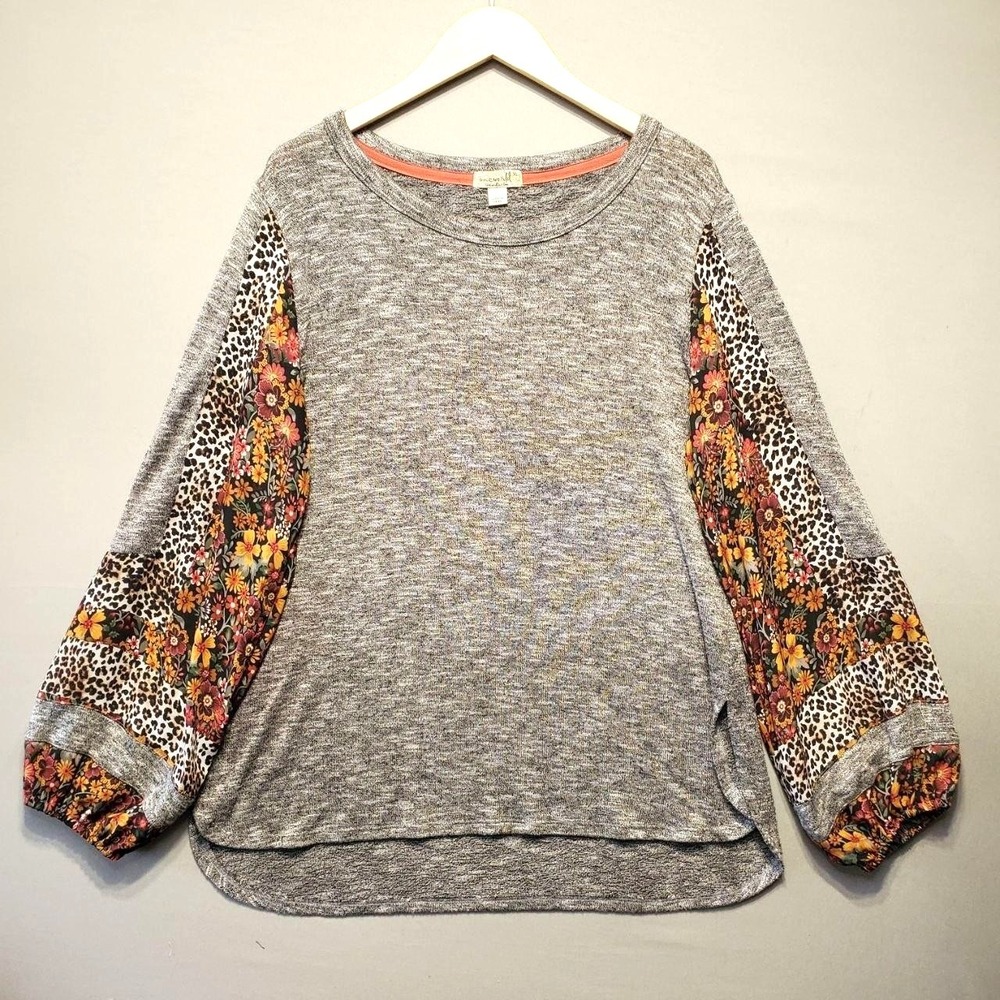One World Boho Patchwork Top Womens XL Gray Floral Leopard Balloon Sleeve Knit